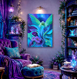 Canvas art print of a blue fairy with green wings called Lunaria Silvermist  emerging from  purple and teal flowers by Primal Painter. Hanging in a mystical purple library