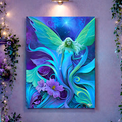 Canvas art print of a blue fairy with green wings called Lunaria Silvermist  emerging from  purple and teal flowers by Primal Painter. On a purple wall