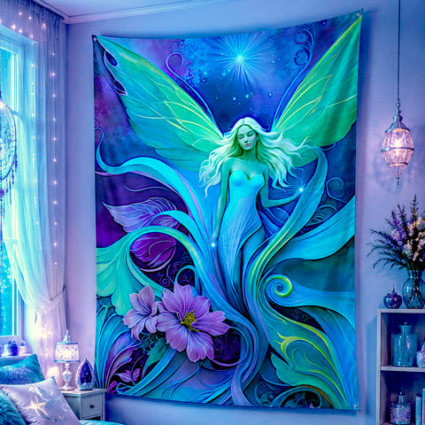 Fairy fantasy art tapestry in blues, greens and purples called Lunaria Silvermist by Primal Painter. Hanging in a fantasy-themed bedroom. 