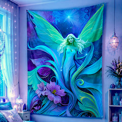 Fairy fantasy art tapestry in blues, greens and purples called Lunaria Silvermist by Primal Painter. Hanging in a fantasy-themed bedroom. 
