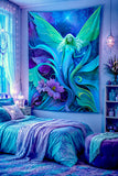 Fairy fantasy art tapestry in blues, greens and purples called Lunaria Silvermist by Primal Painter. Hanging in a fantasy-themed bedroom. 