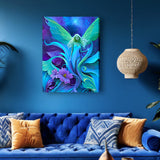 Canvas art print of a blue fairy with green wings called Lunaria Silvermist  emerging from  purple and teal flowers by Primal Painter. Hanging above a blue couch on a blue wall