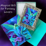 Framed mini print and matching greeting card gift set of an ethereal blue fairy emerging from purple flowers by Primal Painter, text Magical Gift for Fantasy Lovers