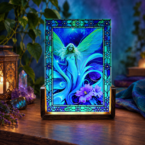 Glowing acrylic light featuring a blue and teal fairy with purple flowers and stained glass-like flower border. Art by Primal Painter. 