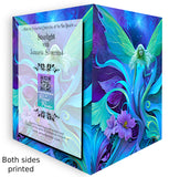 Opened front and back of a Greeting card featuring artwork by Primal Painter of an ethereal fairy amidst swirling art nouveau flowers and foliage in greens, purples, and blue. 