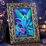 Framed mini fairy art print called Lunaria Silvermist in a mystical background. Art by Primal Painter