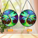 Front and back views: Textured glass fairy suncatcher, floral theme, featuring Lyrica Nightingale by Primal Painter in vivid green, purple, and red violet. 