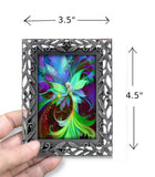 Framed artwork of a colorful fairy with dimensions indicated