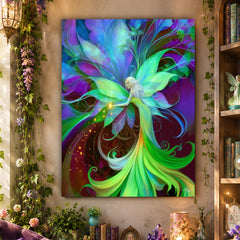 Colorful flower fairy art canvas print called Lyrica Nightingale by Primal Painter in greens, purple, and blues. Hanging on a tan wall. 