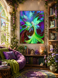 Colorful flower fairy art canvas print called Lyrica Nightingale by Primal Painter in greens, purple, and blues. Hanging in a fantasy-themed reading nook. 