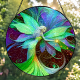 Back view: Textured glass fairy suncatcher, floral theme, featuring Lyrica Nightingale by Primal Painter in vivid green, purple, and red violet. 