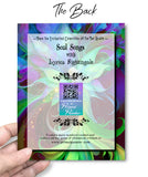 back of a green fairy notecard that's illustrated as part of  a flower against a purple and blue art nouveau background by Primal Painter