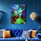 Colorful flower fairy art canvas print called Lyrica Nightingale by Primal Painter in greens, purple, and blues. Hanging on a blue wall above a blue couch