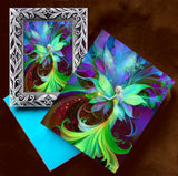 Framed colorful floral fairy artwork and a matching greeting card by Primal Painter.