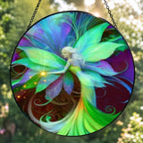 Textured glass fairy suncatcher, floral theme, featuring Lyrica Nightingale by Primal Painter in vivid green, purple, and red violet. 