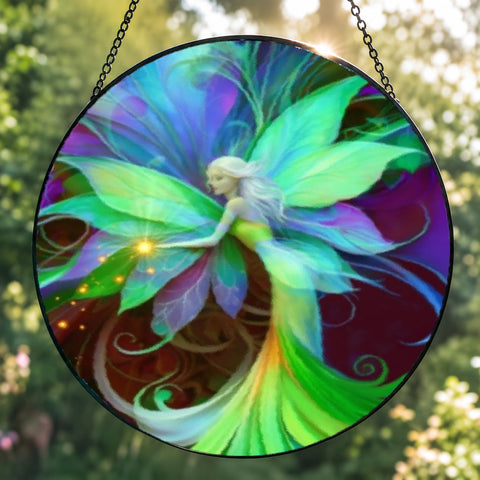 Textured glass fairy suncatcher, floral theme, featuring Lyrica Nightingale by Primal Painter in vivid green, purple, and red violet. 