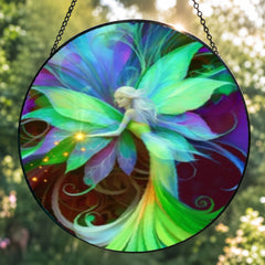 Textured glass fairy suncatcher, floral theme, featuring Lyrica Nightingale by Primal Painter in vivid green, purple, and red violet. 