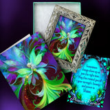 Colorful fairy artwork on cards with a decorative frame and inspirational quote. Fairy Gift Set by Primal Painter