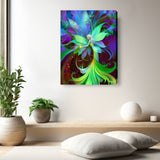Colorful flower fairy art canvas print called Lyrica Nightingale by Primal Painter in greens, purple, and blues. Hanging above a meditation bench