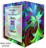 front and back of a green fairy notecard that's illustrated as part of  a flower against a purple and blue art nouveau background by Primal Painter