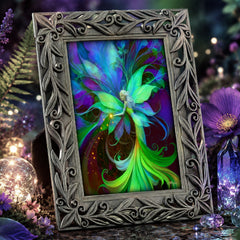 Decorative frame with a colorful fairy design against a mystical background with flowers and lights. Lyrica Nightingale by Primal Painter