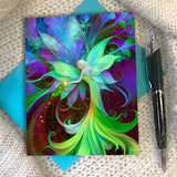 A colorful floral fairy art greeting card with a blue envelope by Primal Painter.