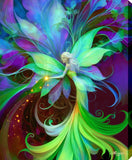 Colorful flower fairy art canvas print called Lyrica Nightingale by Primal Painter in greens, purple, and blues. 
