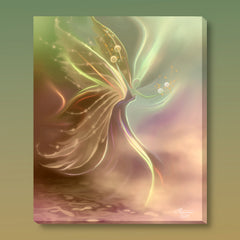 A canvas print featuring a wispy fairy with translucent wings in soft earth tones of green, rose, and gold by Primal Painter.