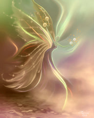 Ethereal fairy art print called Manifestation by Primal Painter featuring an ethereal fairy with wispy wings and holding energy orbs against a mossy green and dusty plum background.
