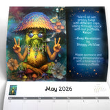 Calendar page for May 2026 featuring a colorful mushroom character with a quote on a blue background.