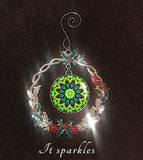 Green Mandala Art Sparkly Christmas Ornament, Decorative Metal Wreath  - "Heart Connections"