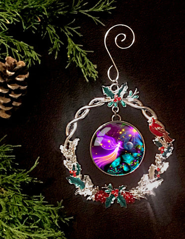 Guardian Angel Art, Sparkly Christmas Ornament, Metal Wreath with Hollies and Cardinal - "Divine Protection"