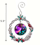 Guardian Angel Art, Sparkly Christmas Ornament, Metal Wreath with Hollies and Cardinal - "Divine Protection"