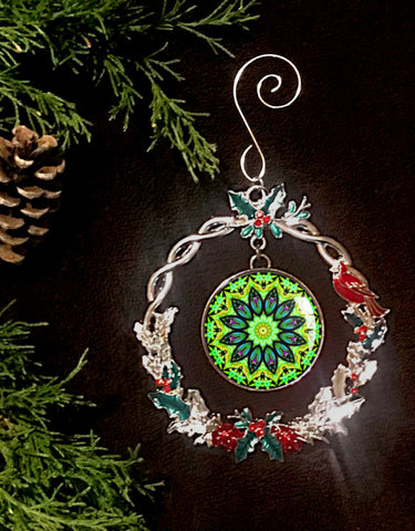 Green Mandala Art Sparkly Christmas Ornament, Decorative Metal Wreath  - "Heart Connections"