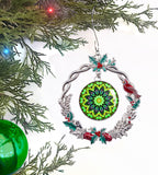 Green Mandala Art Sparkly Christmas Ornament, Decorative Metal Wreath  - "Heart Connections"