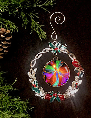 Wreath Christmas Ornament With Original Angel Art by Primal Painter - "Healing Hands"