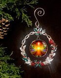 Orange Starburst Art Christmas Ornament, Metal Wreath with Hollies and Cardinal - "Light Being"