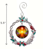 Orange Starburst Art Christmas Ornament, Metal Wreath with Hollies and Cardinal - "Light Being"