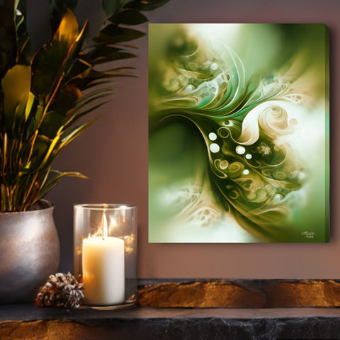 Abstract art canvas print called Moss and Mist by Primal Painter featuring mossy greens, yellow ochre, and cream in soft swirls of movement. Hanging above a shelf with a candle