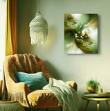 Abstract art canvas print called Moss and Mist by Primal Painter featuring mossy greens, yellow ochre, and cream in soft swirls of movement. Hanging over a cozy chair