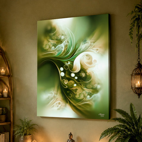 Abstract art canvas print called Moss and Mist by Primal Painter featuring mossy greens, yellow ochre, and cream in soft swirls of movement.