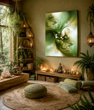 Abstract art canvas print called Moss and Mist by Primal Painter featuring mossy greens, yellow ochre, and cream in soft swirls of movement. Hanging in a meditation sanctuary