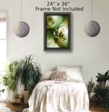 Abstract art print with mossy greens, creams, and taupe in a swirling, earthy pattern hanging in a bedroom
