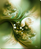 Abstract art canvas print called Moss and Mist by Primal Painter featuring mossy greens, yellow ochre, and cream in soft swirls of movement.