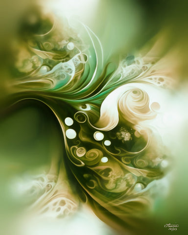 Abstract art print with mossy greens, creams, and taupe in a swirling, earthy pattern