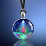 Handmade necklace featuring metaphysical art by Primal Painter of a green pyramid enclosing a violet flame against a blue background