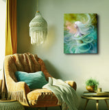 Green and blue Elemental goddess canvas art print of Mystrielle of the Flows by Primal Painter. Hanging over a cozy chair