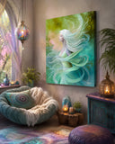 Fantasy art canvas print of Mystrielle of the Elemental Realm, messenger of flow, air and water, blue and green currents, art by Primal Painter. Hanging in a bohemian room. 