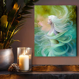 Green and blue Elemental goddess canvas art print of Mystrielle of the Flows by Primal Painter. Hanging over a shelf with a candle