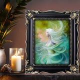 Fantasy art print of Mystrielle of the Elemental Realm, messenger of flow, air and water, blue and green currents, art by Primal Painter. Framed on a shelf with a candle